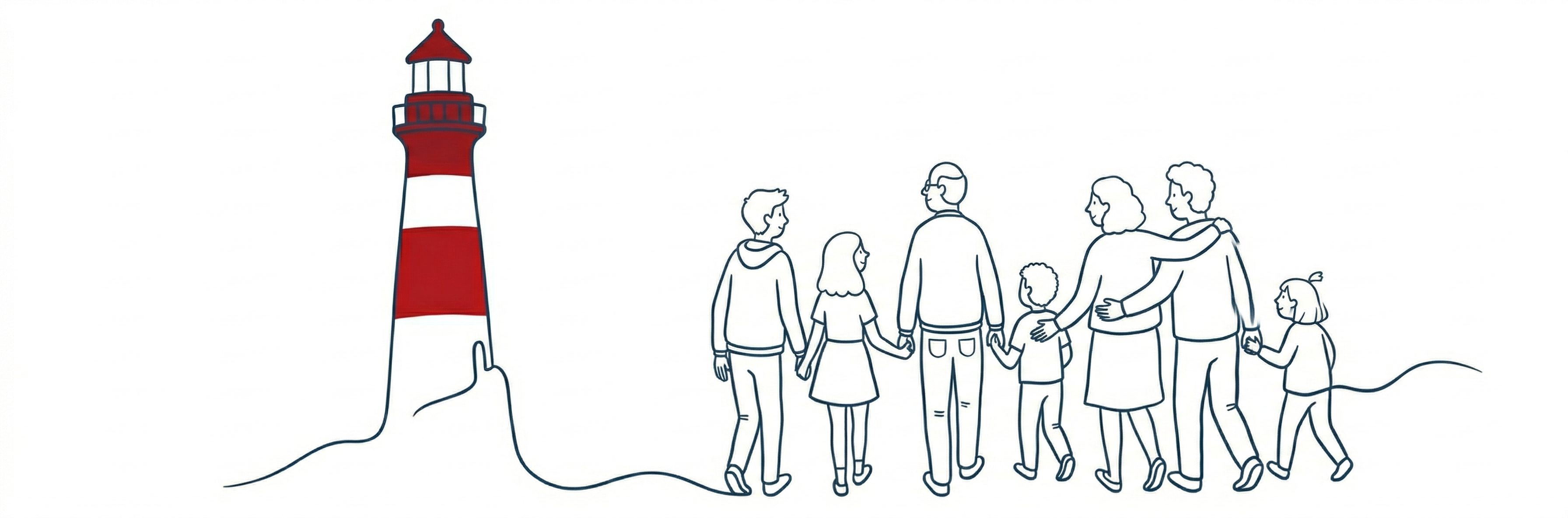 Ilustrācija: bāka, kuras kontūra pāriet cilvēku siluetos — kopiena, kas iet kopā uz priekšu